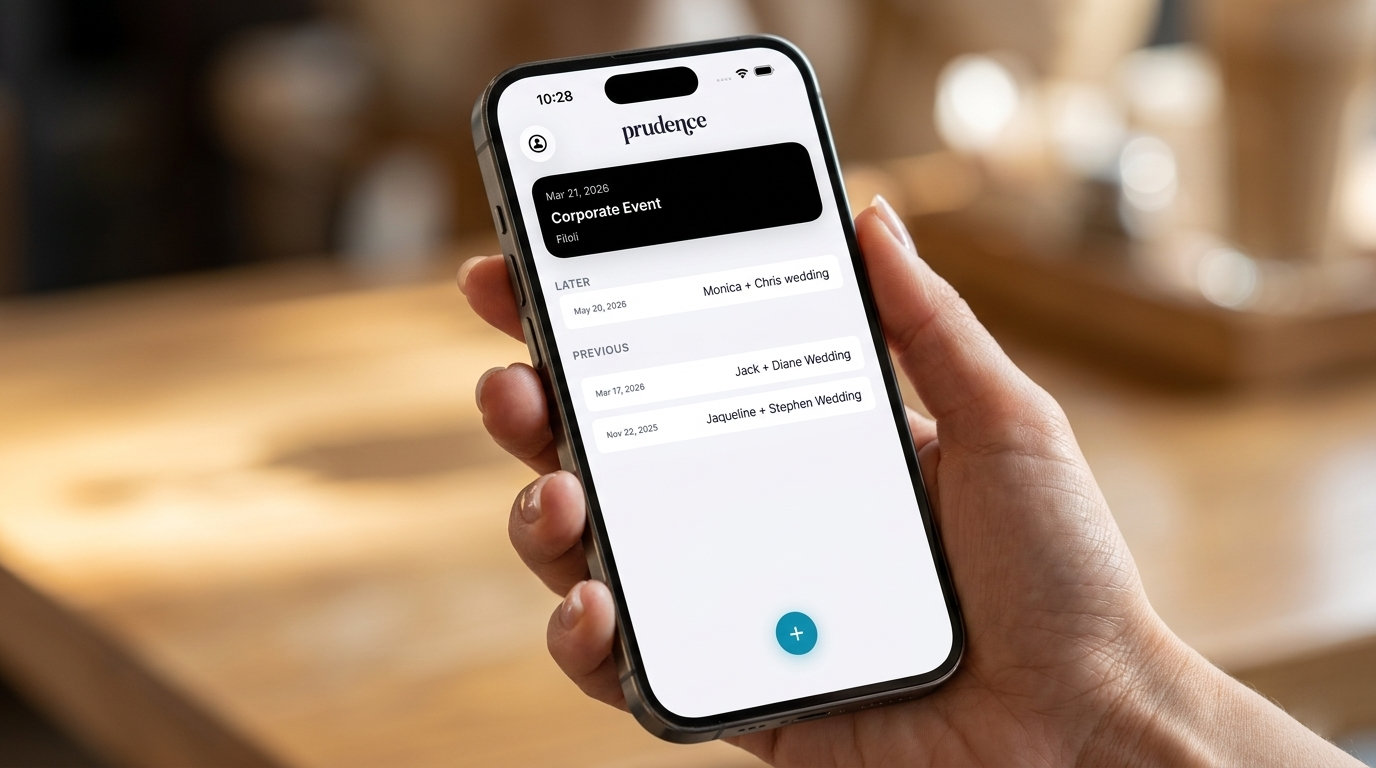 Hand holding iPhone showing the Prudence app dashboard