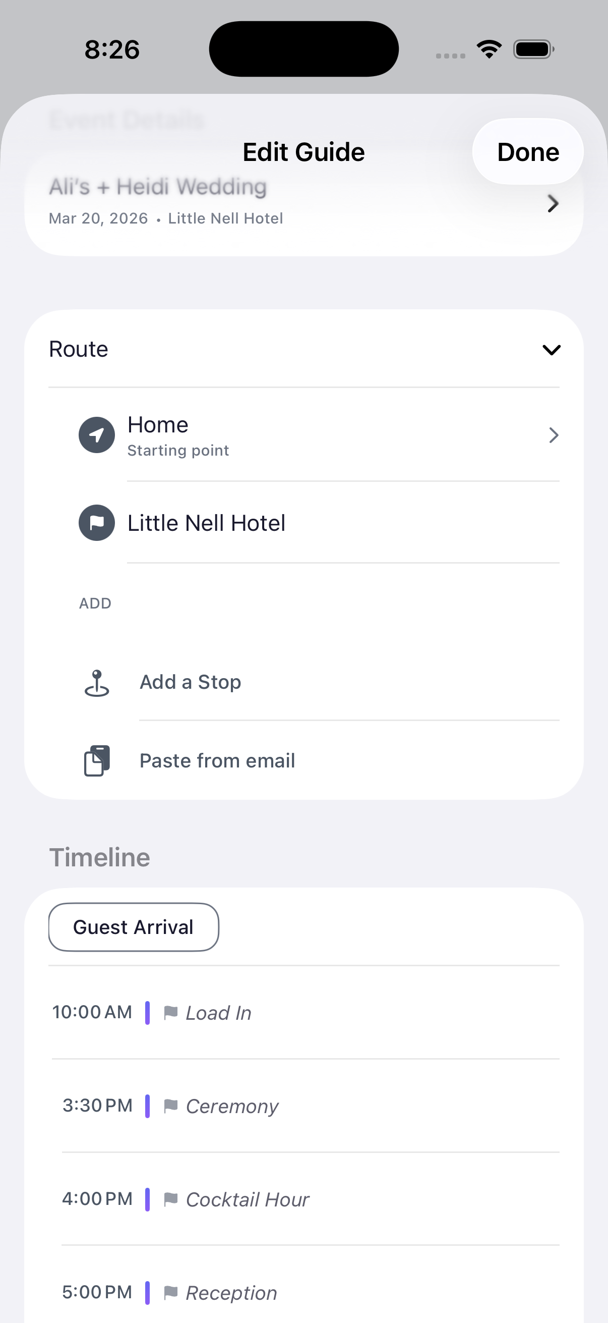 Edit Guide with route stops and timeline